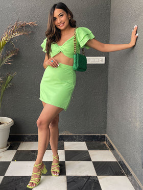 Chartreuse Silk Crop Top & Skirt Set 