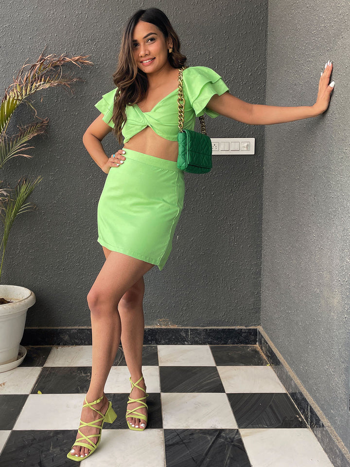 Chartreuse Silk Crop Top & Skirt Set 