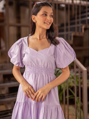 Lilac Bishop Sleeve Shirred Waistline Dress