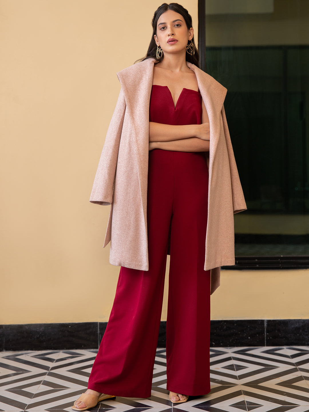 Pink Suede Overcoat & Claret Red Overlap Jumpsuit Set