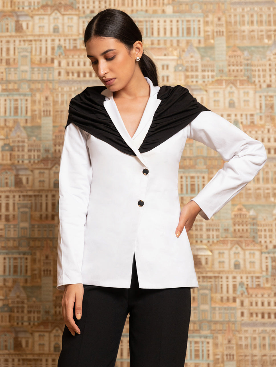 White jacket with black trousers