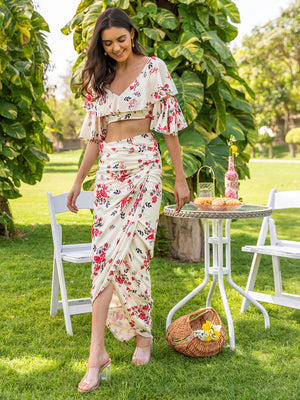 Summer Rose Crop Top and Draped Skirt Set