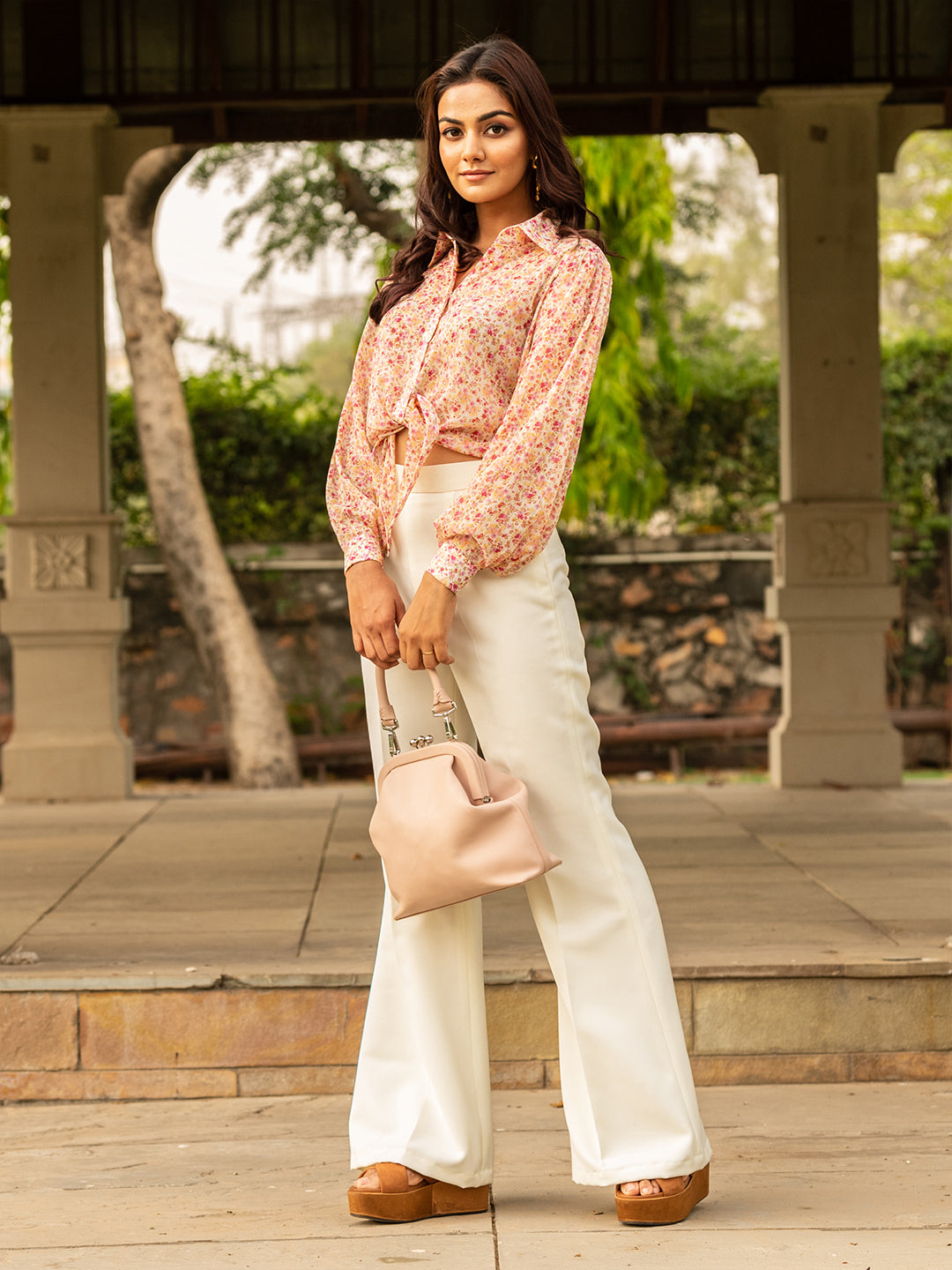 Pink Floral Top and White Trousers Set