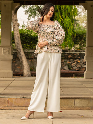 Vintage Floral Top and White Trousers Set