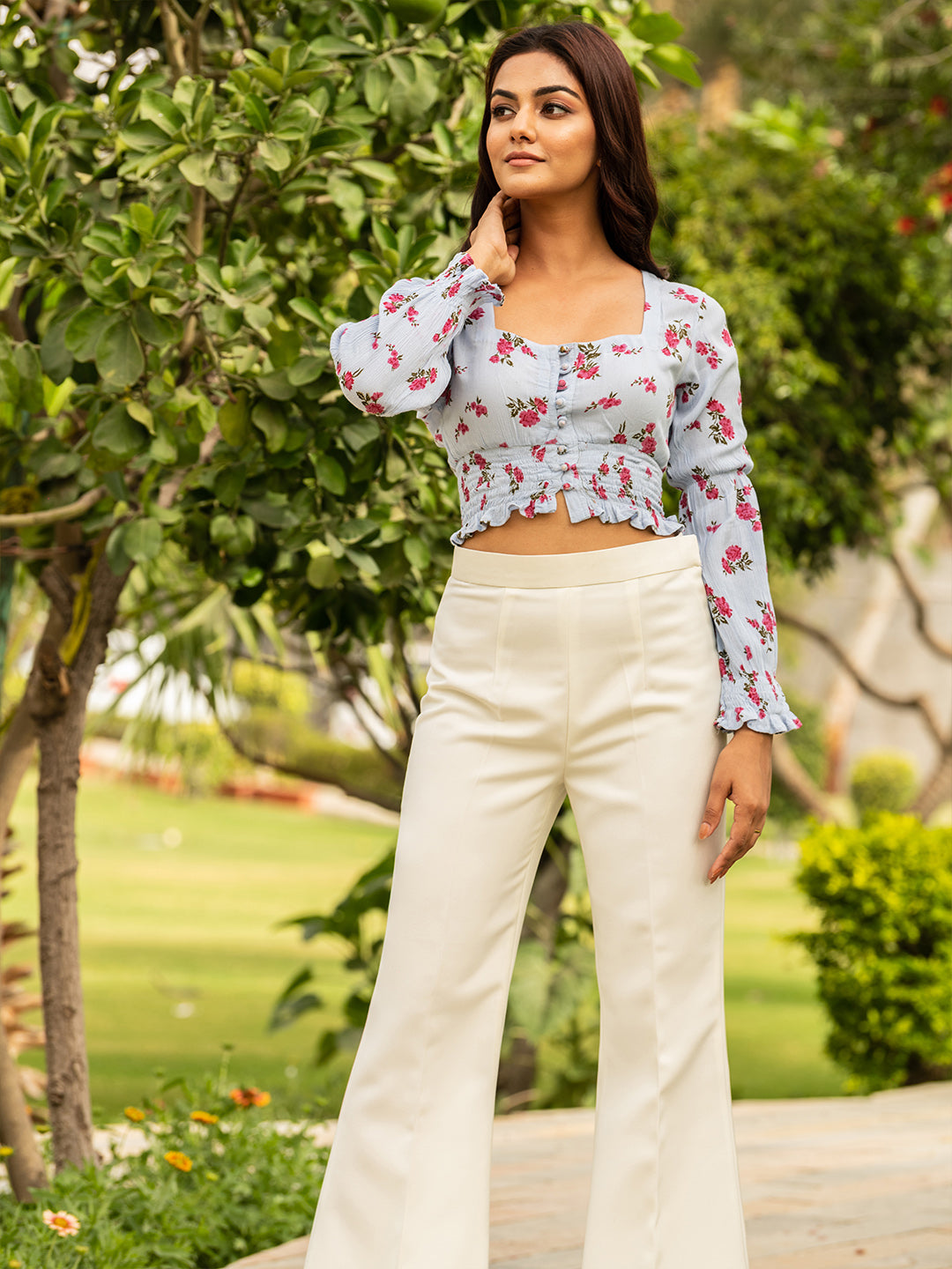 Blush Blue Pink Top and White Trousers