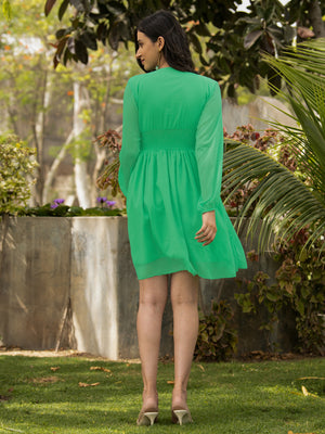 Green Polka Shirred Waistline Dress