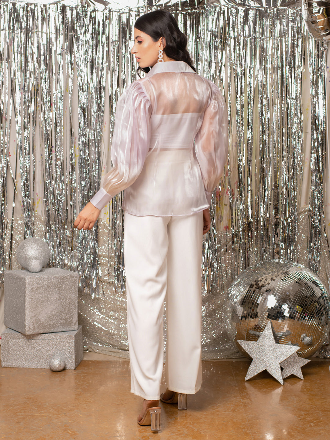 Baloon Sleeve Organza Shirt and White Trousers Set