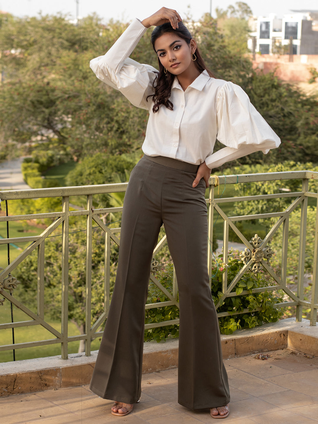 White Shirt with Beige High Waisted Trousers