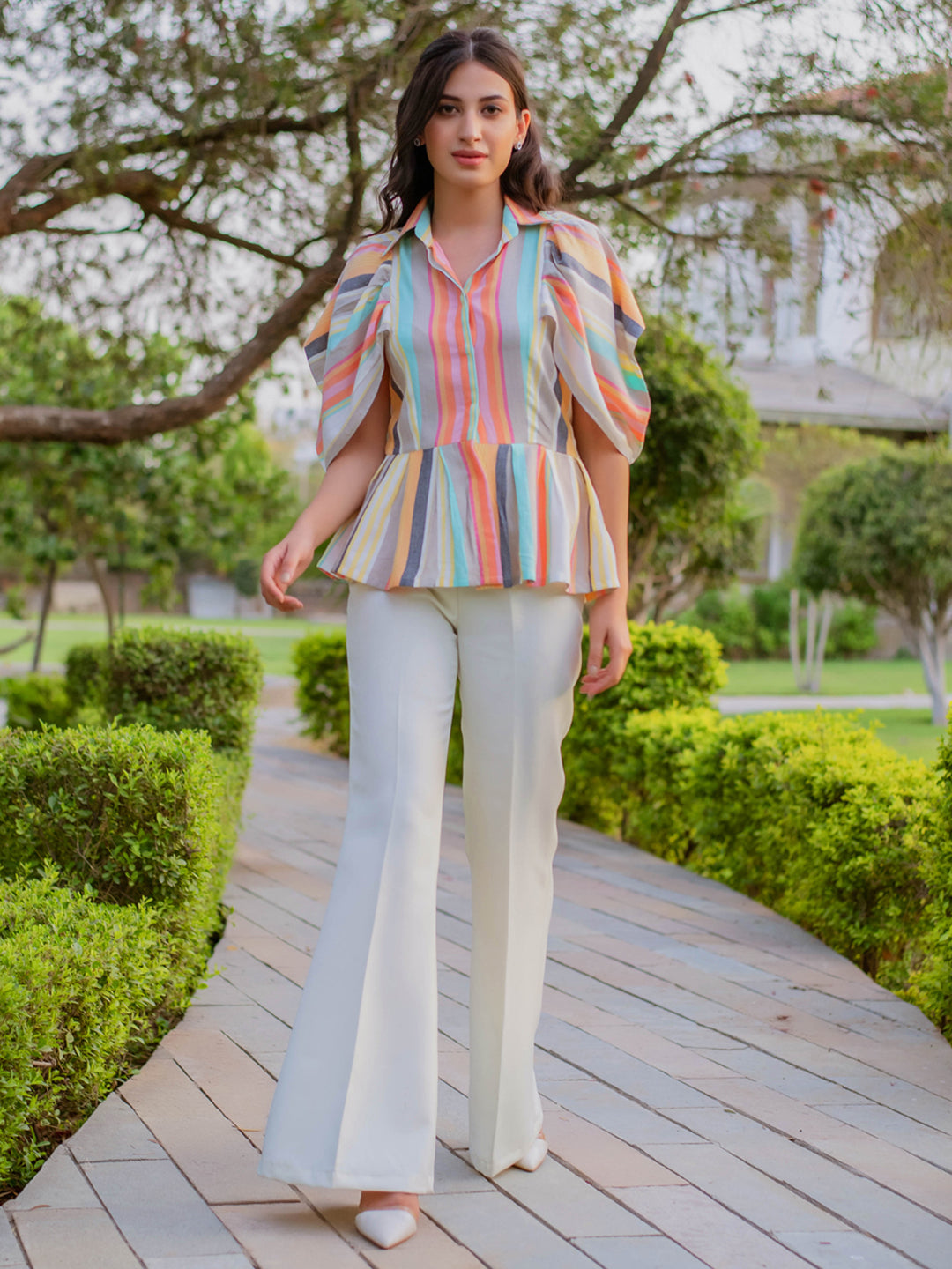 Blush Blue Pink Top and White Trousers Set