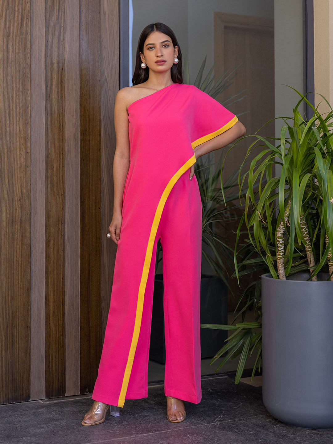 One shoulder sales pink jumpsuit