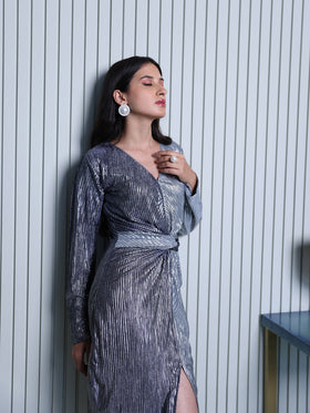 Metallic Blue & Silver Pleated Dress