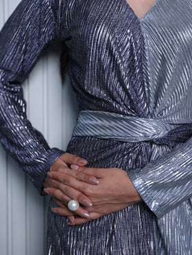 Metallic Blue & Silver Pleated Dress