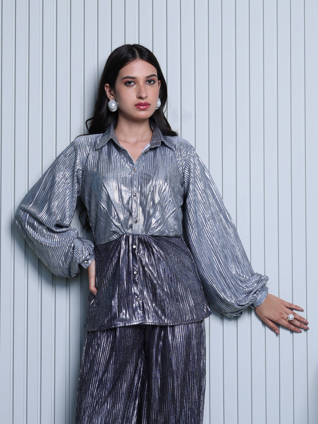 Metallic Blue Silver Pleated Shirt