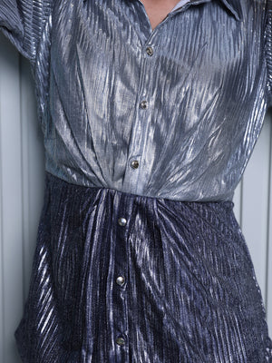 Metallic Blue Silver Pleated Shirt