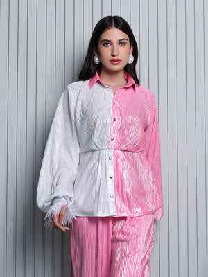 Metallic White Pink Pleated Shirt with Fur Cuffs