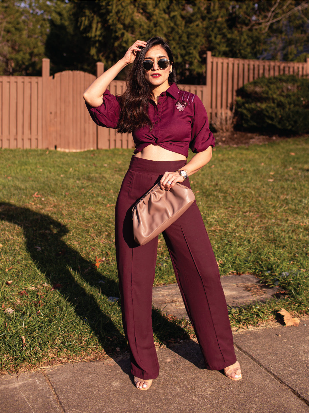 Blush and Burgundy | E's Life & Style | Dress pants outfits, Maroon pants  outfit, Bell bottom pants outfit