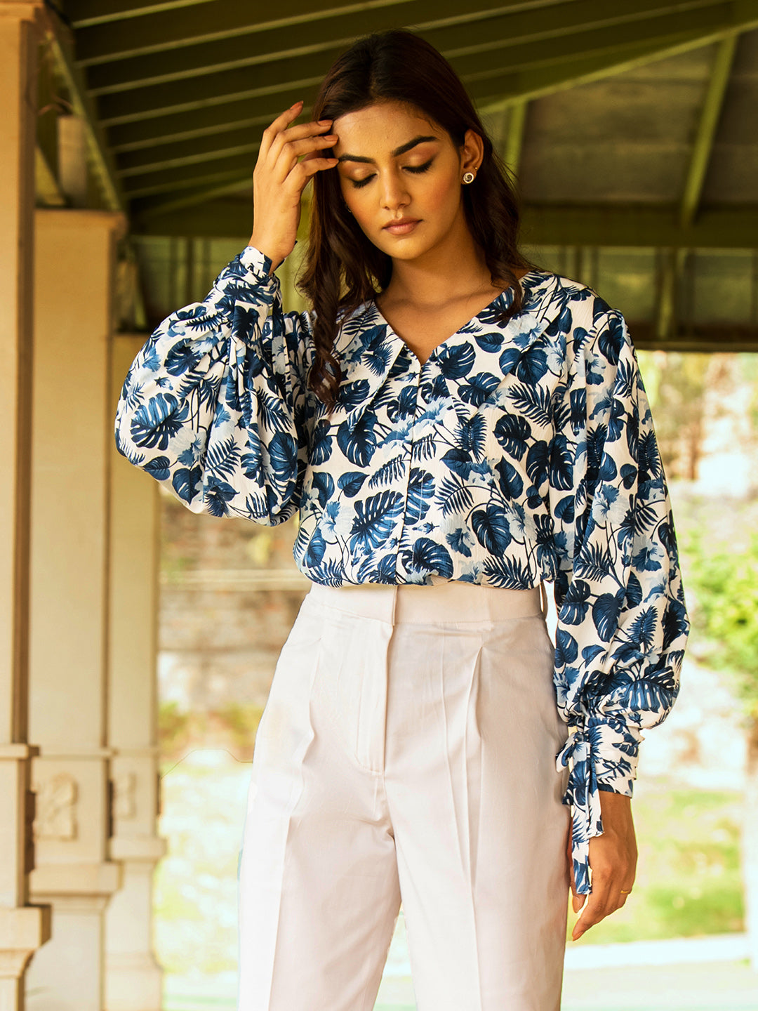 Blue Leaves Top and White Trousers Set