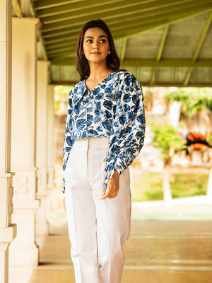 Blue Leaves Top and White Trousers Set
